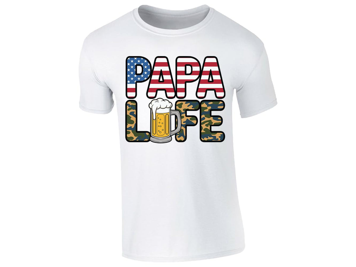 White men's T-shirt with “Papa Life” flag, camo and beer design