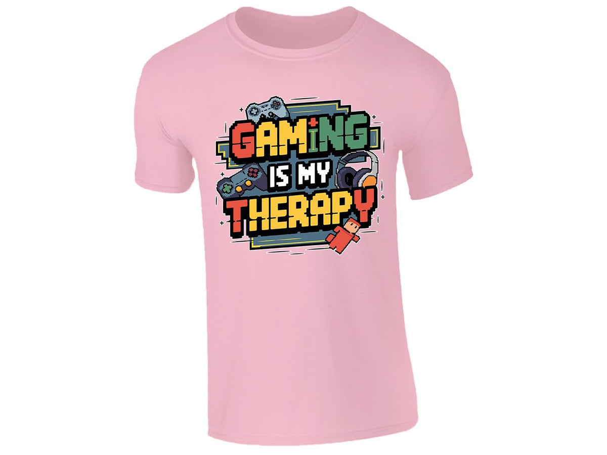 Light Pink kids' T-shirt with “Gaming is my therapy” design