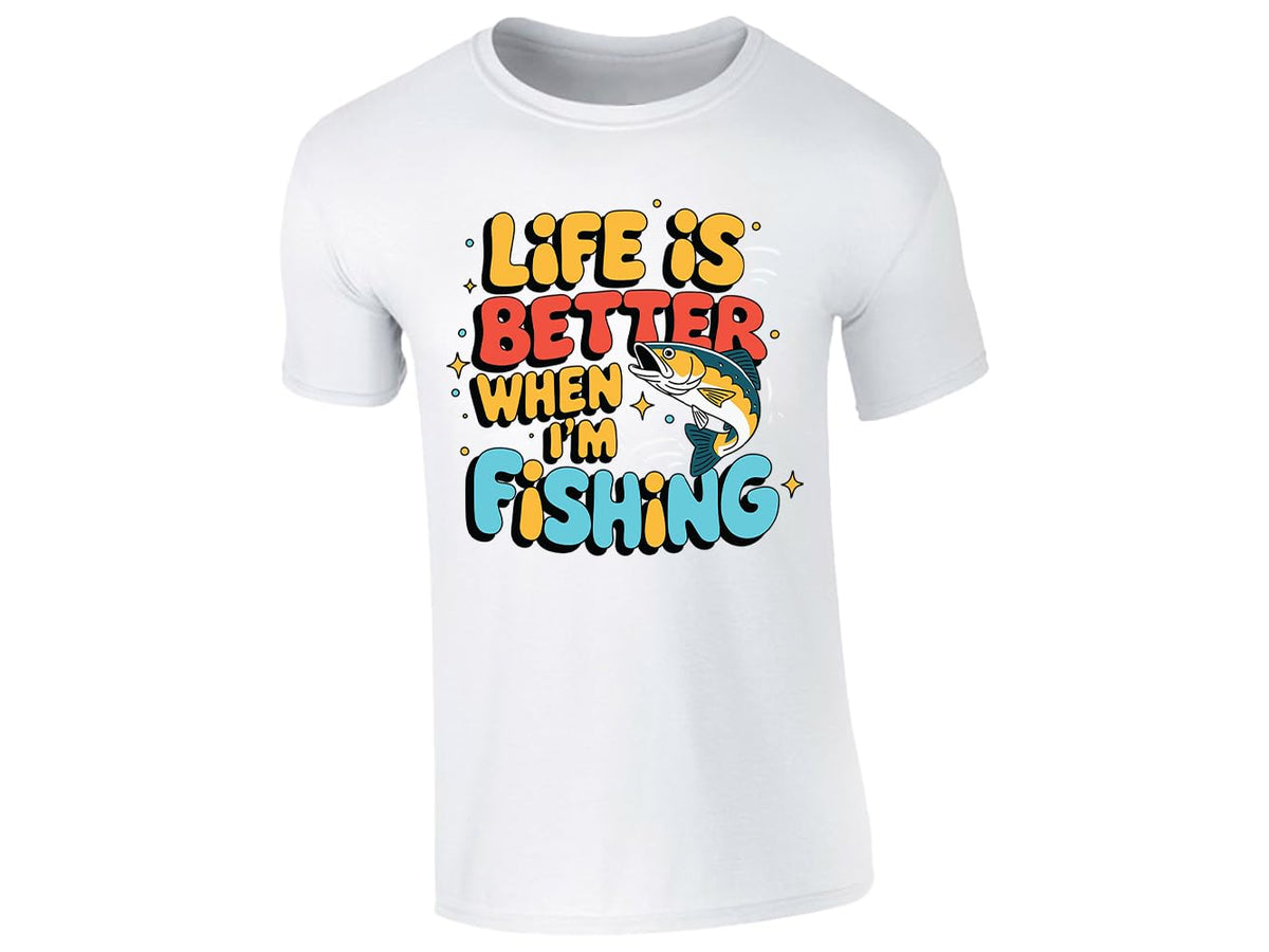 White men's T-shirt with “Life is better when I’m fishing” design
