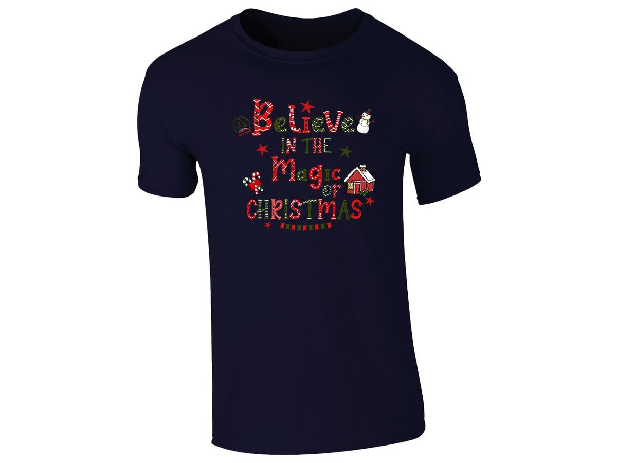 Navy kids T-shirt with the Believe in the Magic of Christmas snowman design