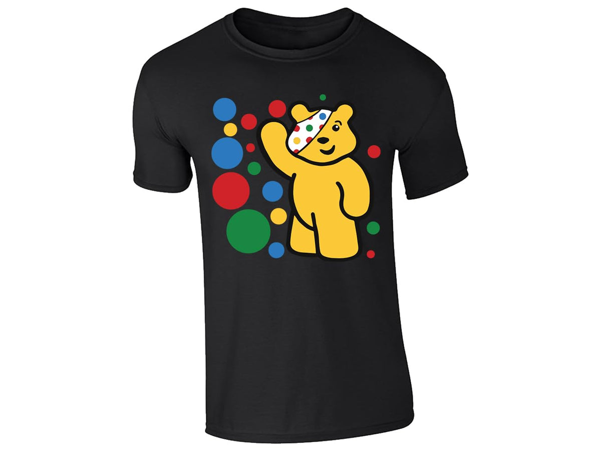 Black men's T-shirt with waving spotty bear with coloured dots design