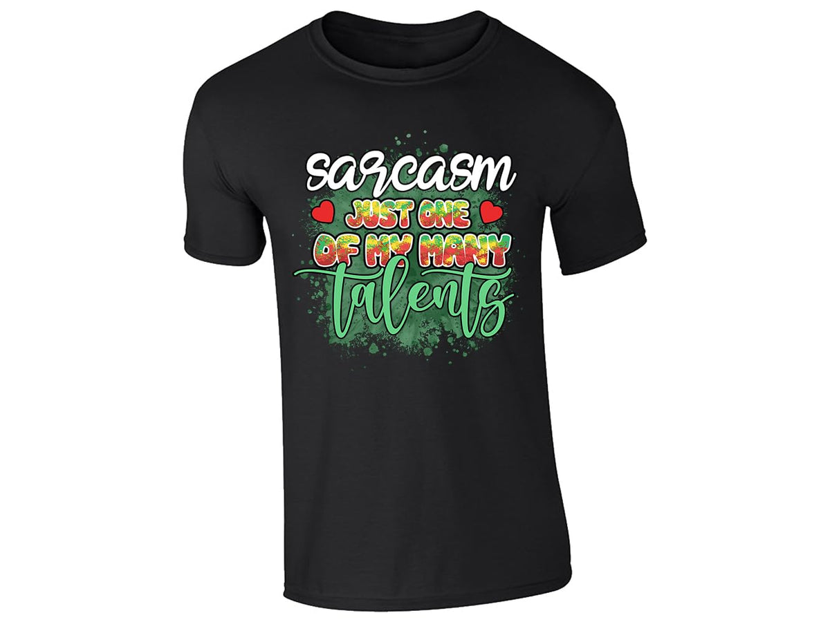 Black men's T-shirt with “Sarcasm – just one of my many talents” design