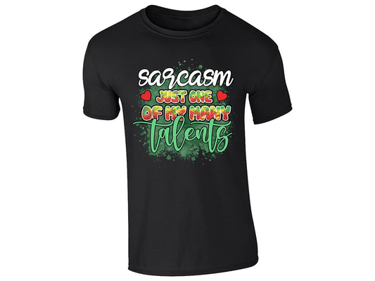 Black men's T-shirt with “Sarcasm – just one of my many talents” design