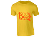 Yellow men's T-shirt with “I’m her Boo” orange script design