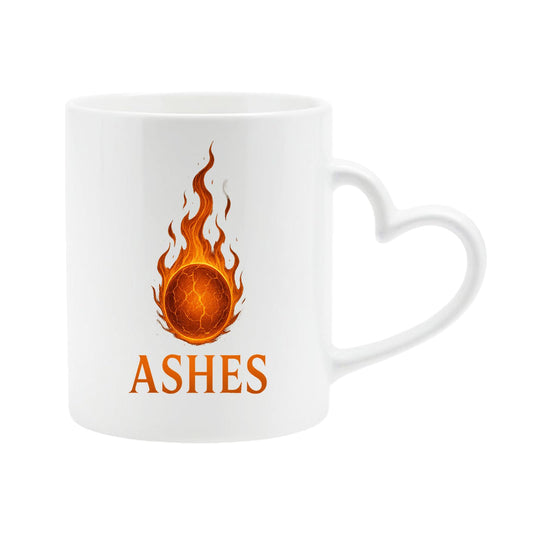 White heart-handle mug with a flaming cricket ball and ASHES in orange