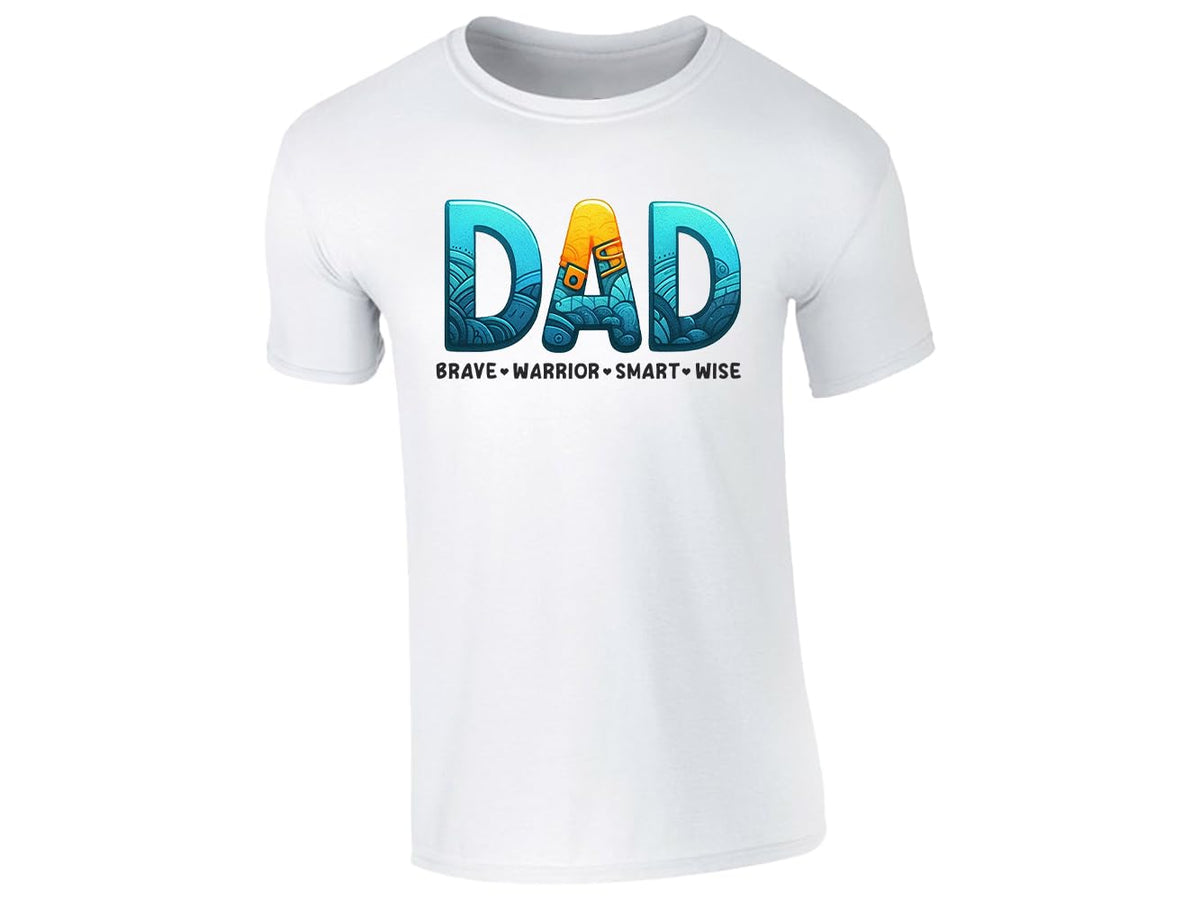 White men's T-shirt with “DAD – brave, warrior, smart, wise” design