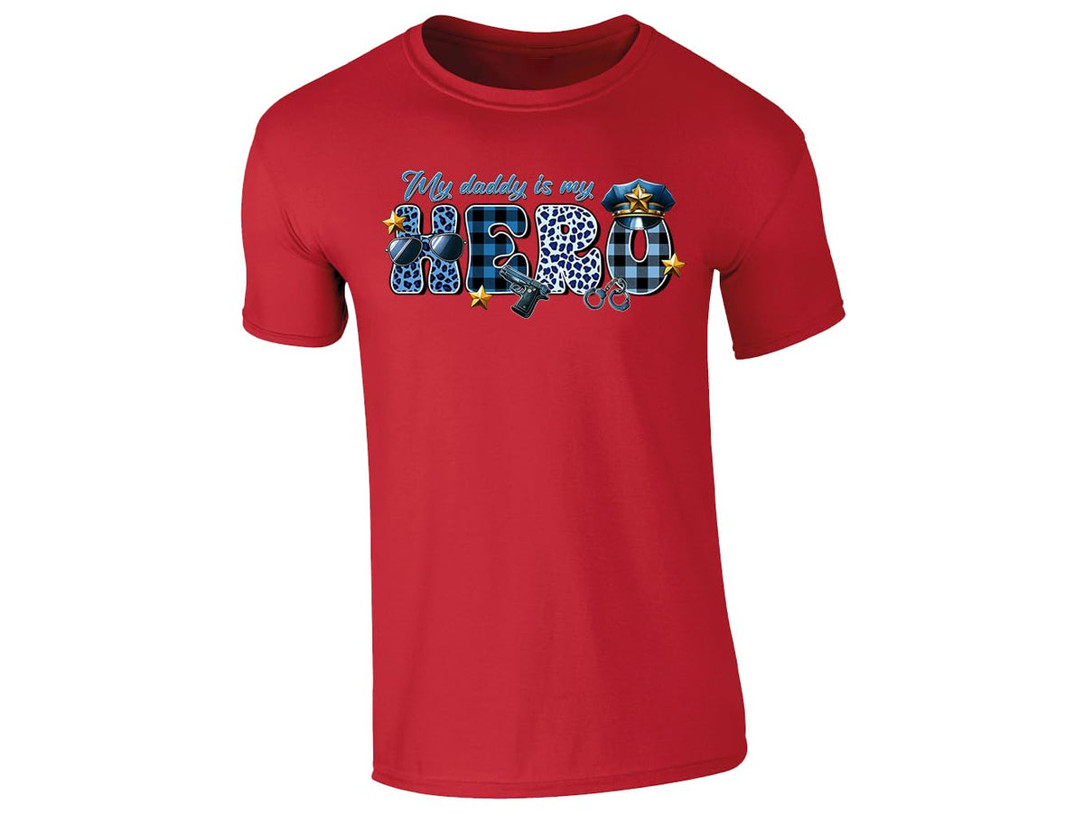 Red men's T-shirt with “My daddy is my hero” police design