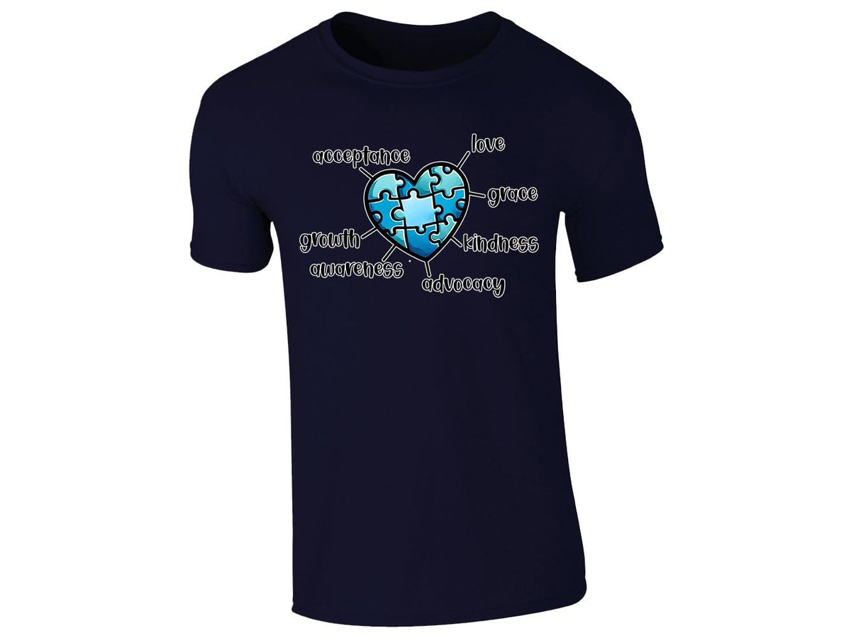 Navy kids' T-shirt with autism awareness puzzle heart design