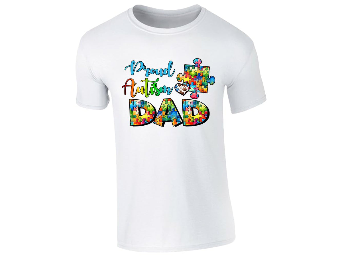 White men's T-shirt with “Proud Autism Dad” puzzle piece design