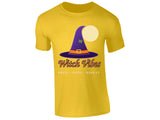 Yellow men's T-shirt with “Witch Vibes – Brew, Spell, Repeat” witch hat design