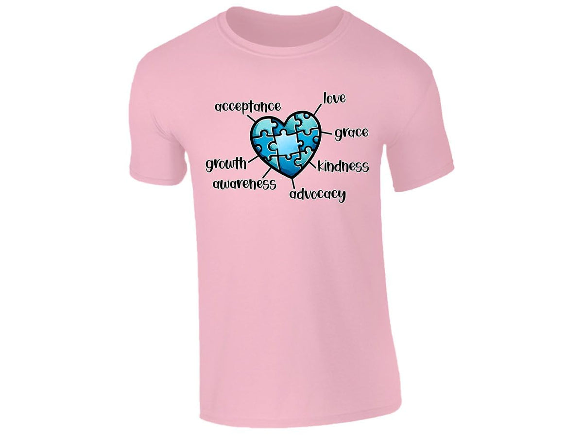 Light Pink kids' T-shirt with autism awareness puzzle heart design