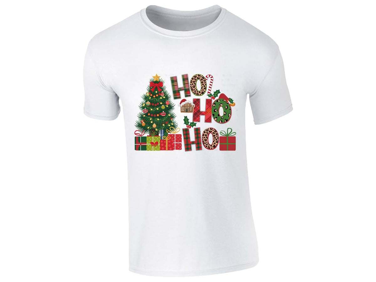 White men's T-shirt with “Ho Ho Ho” Christmas tree and presents design