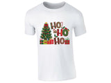 White kids' T-shirt with “Ho Ho Ho” Christmas tree and presents design