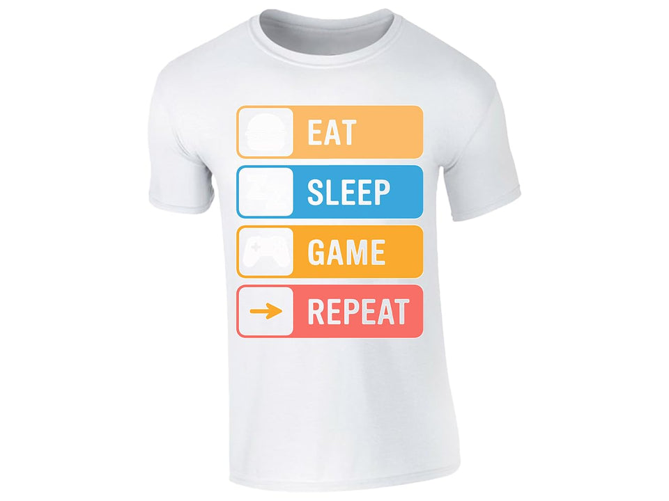 White men's T-shirt with “Eat Sleep Game Repeat” icon design
