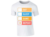 White men's T-shirt with “Eat Sleep Game Repeat” icon design