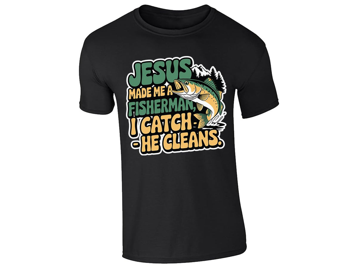 Black men's T-shirt with “Jesus made me a fisherman – I catch, He cleans” design