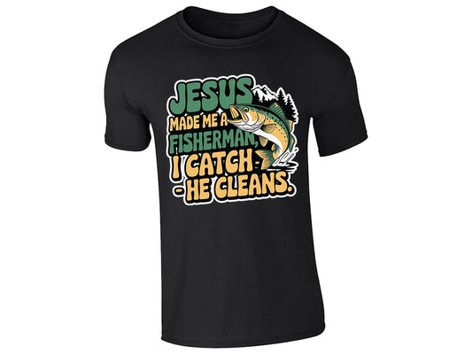 Black men's T-shirt with “Jesus made me a fisherman – I catch, He cleans” design