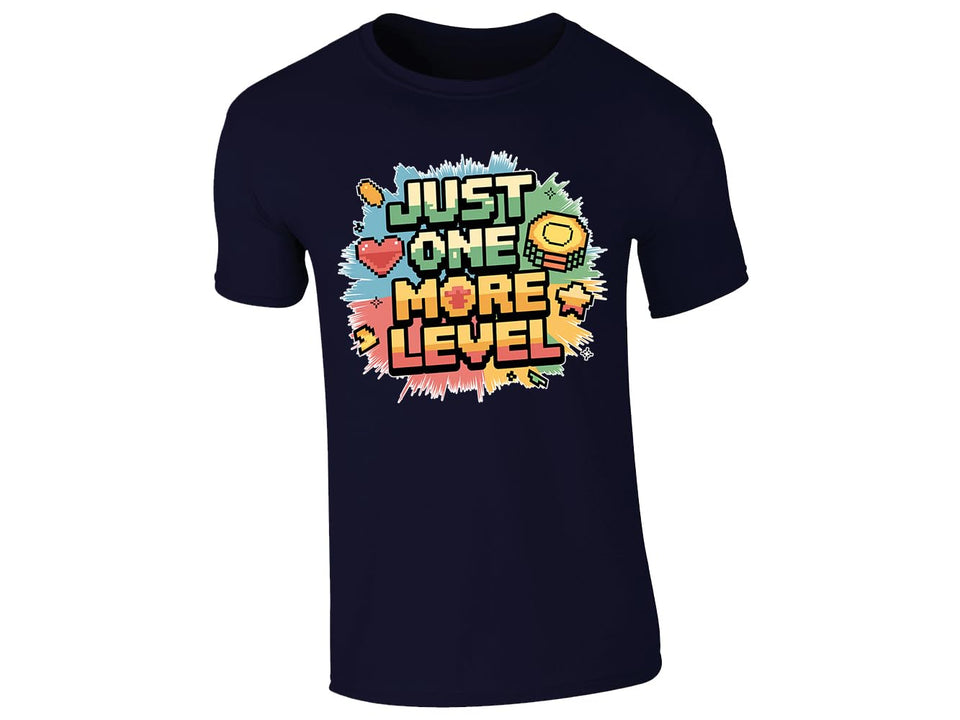 Navy men's T-shirt with “Just one more level” design