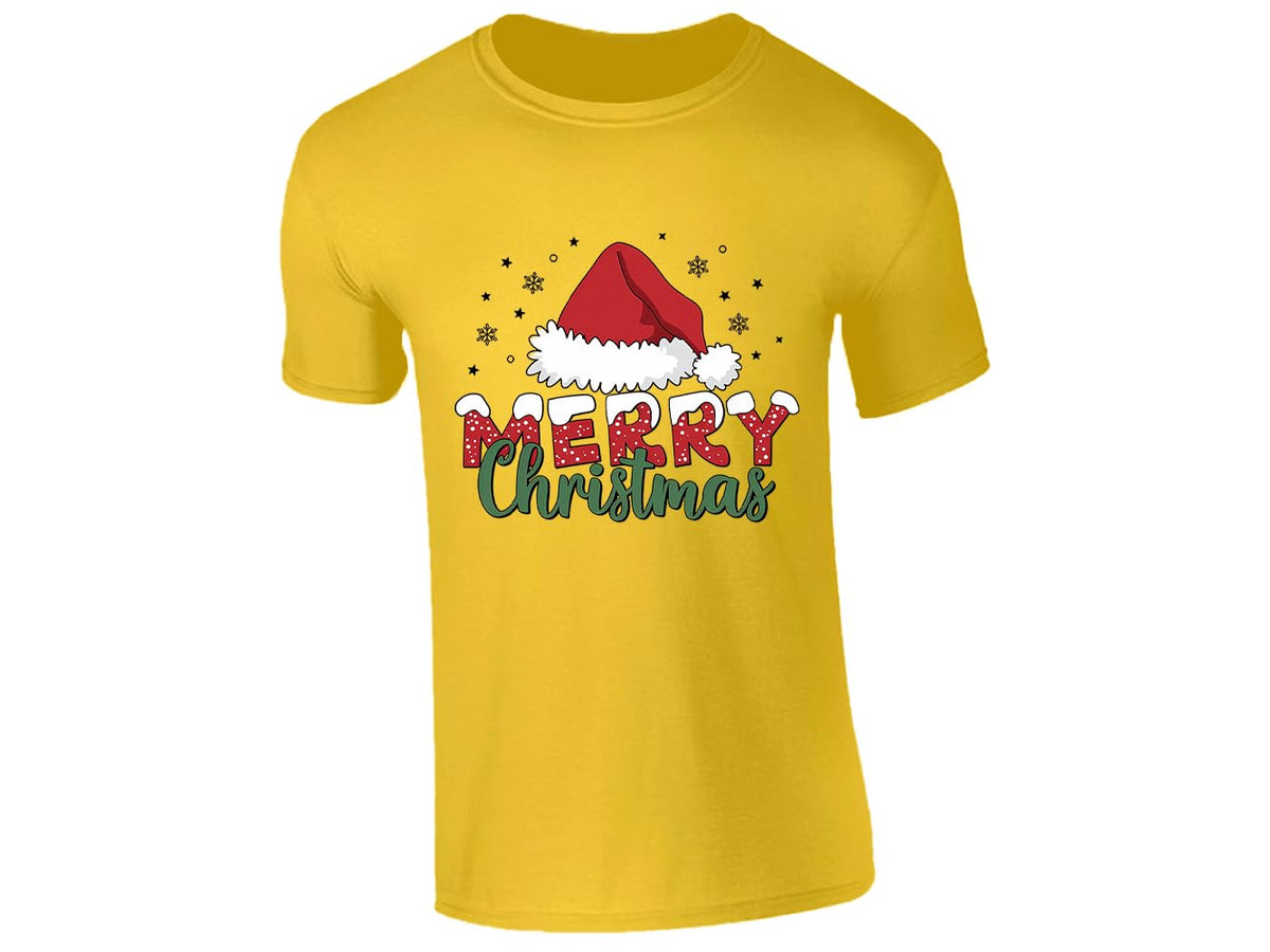Yellow men's T-shirt with “Merry Christmas” Santa hat design