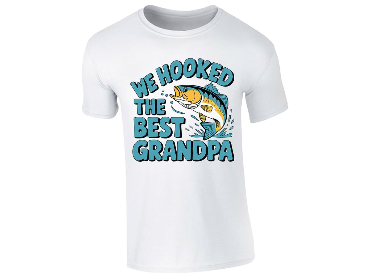 White men's T-shirt with a We Hooked the Best Grandpa fishing design