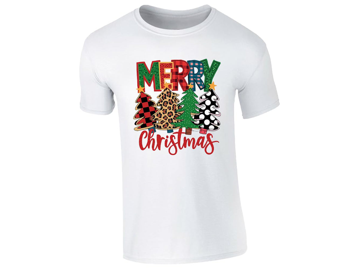 White kids' T-shirt with “Merry Christmas” plaid, leopard and polka-dot Christmas tree design