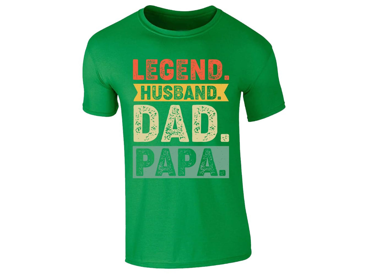 Irish Green men's T-shirt with “Legend. Husband. Dad. Papa.” design