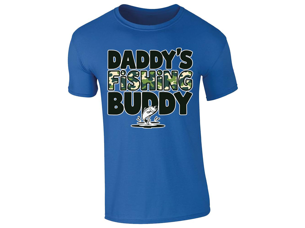 Royal Blue men's T-shirt with “Daddy’s fishing buddy” camo design