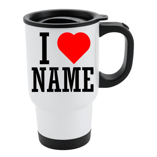 White travel mug with I love name and a red heart