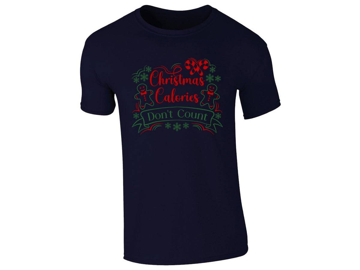 Navy men's T-shirt with Christmas Calories Don't Count, gingerbread men and candy canes