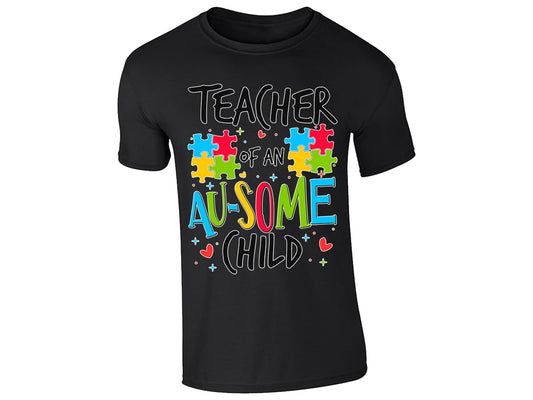 Black men's T-shirt with “Teacher of an Au-some child” puzzle piece design