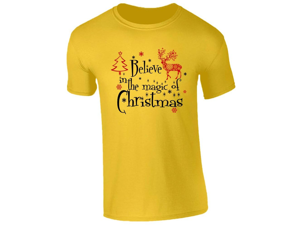Yellow men's T-shirt with a red reindeer, a Christmas tree and Believe in the Magic of Christmas
