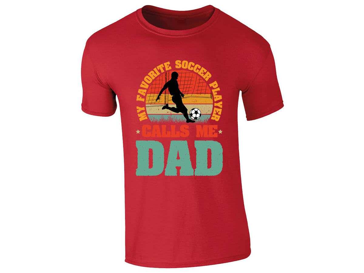 Red men's T-shirt with “My favorite soccer player calls me Dad” retro sunset design