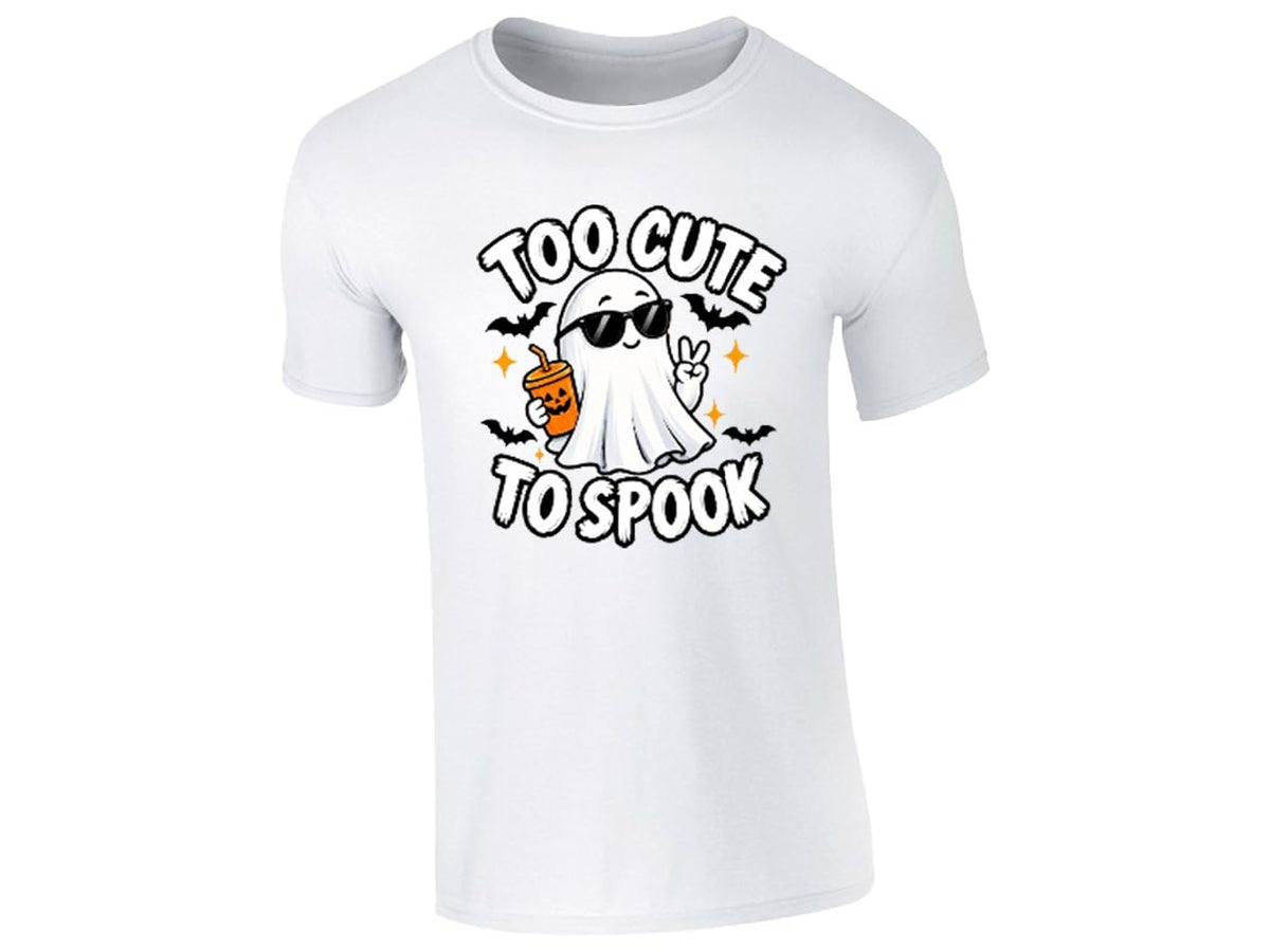 White men's T-shirt with a Too Cute to Spook ghost in sunglasses