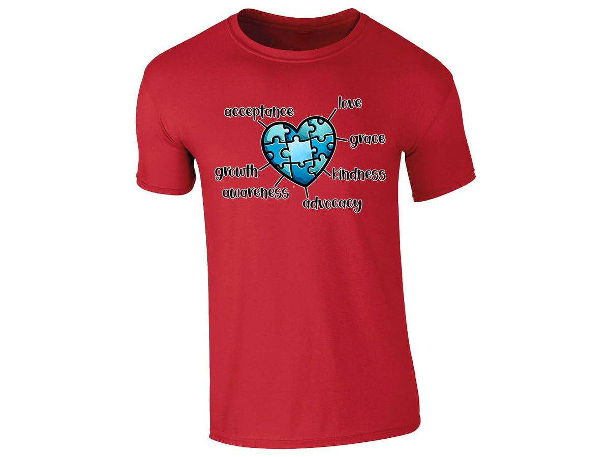 Red kids' T-shirt with autism awareness puzzle heart design