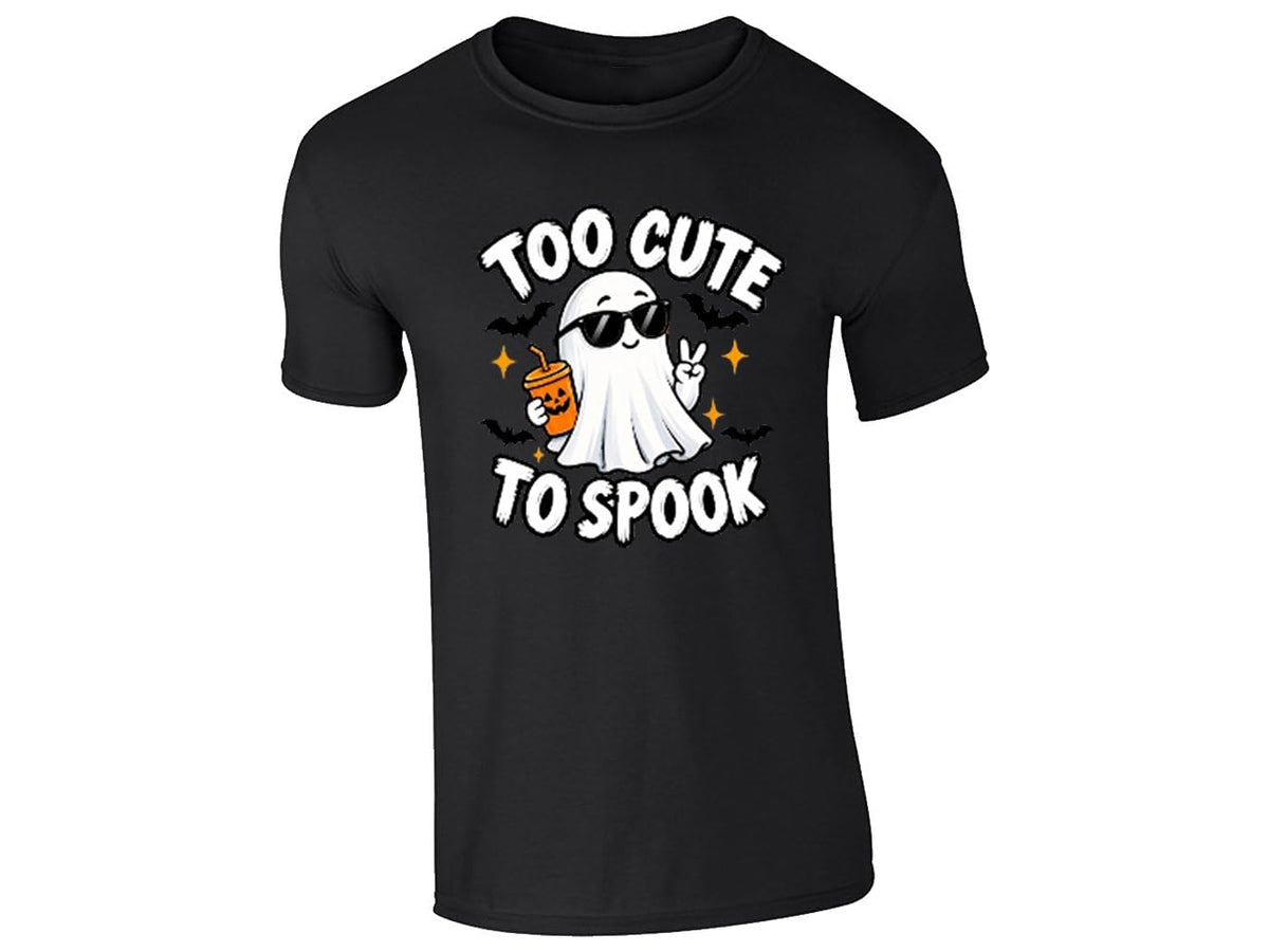 Black men's T-shirt with a Too Cute to Spook ghost in sunglasses