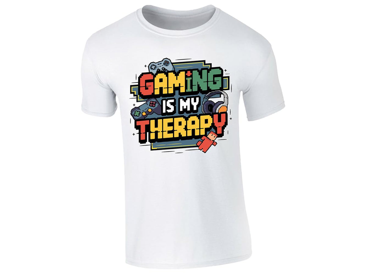 White men's T-shirt with “Gaming is my therapy” design