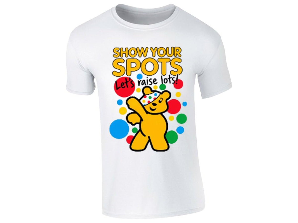 White kids T-shirt with a dabbing yellow bear and Show Your Spots, Let's Raise Lots