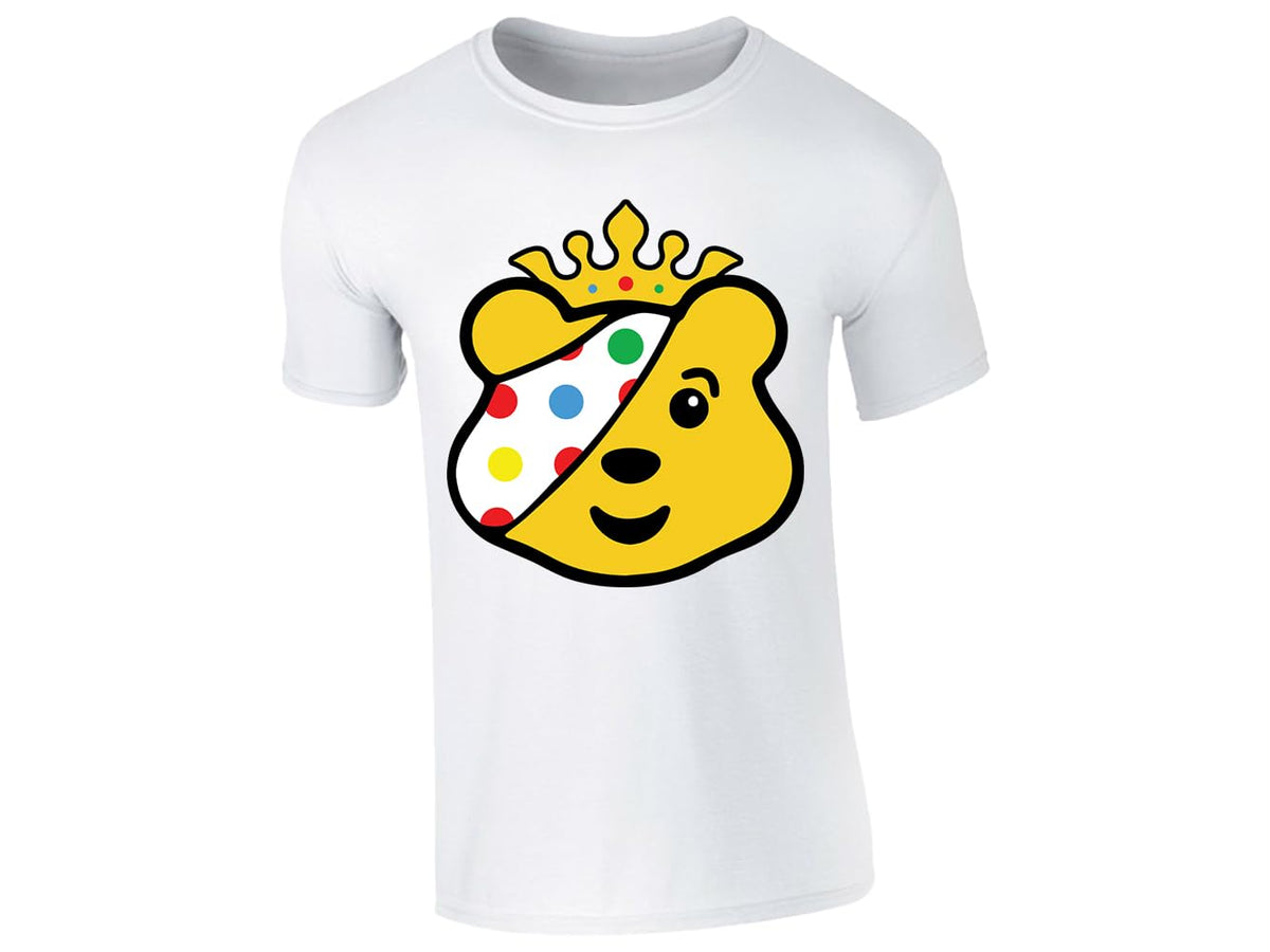 White men's T-shirt with crowned spotty bear face design