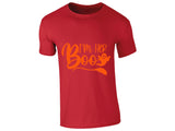 Red men's T-shirt with “I’m her Boo” orange script design