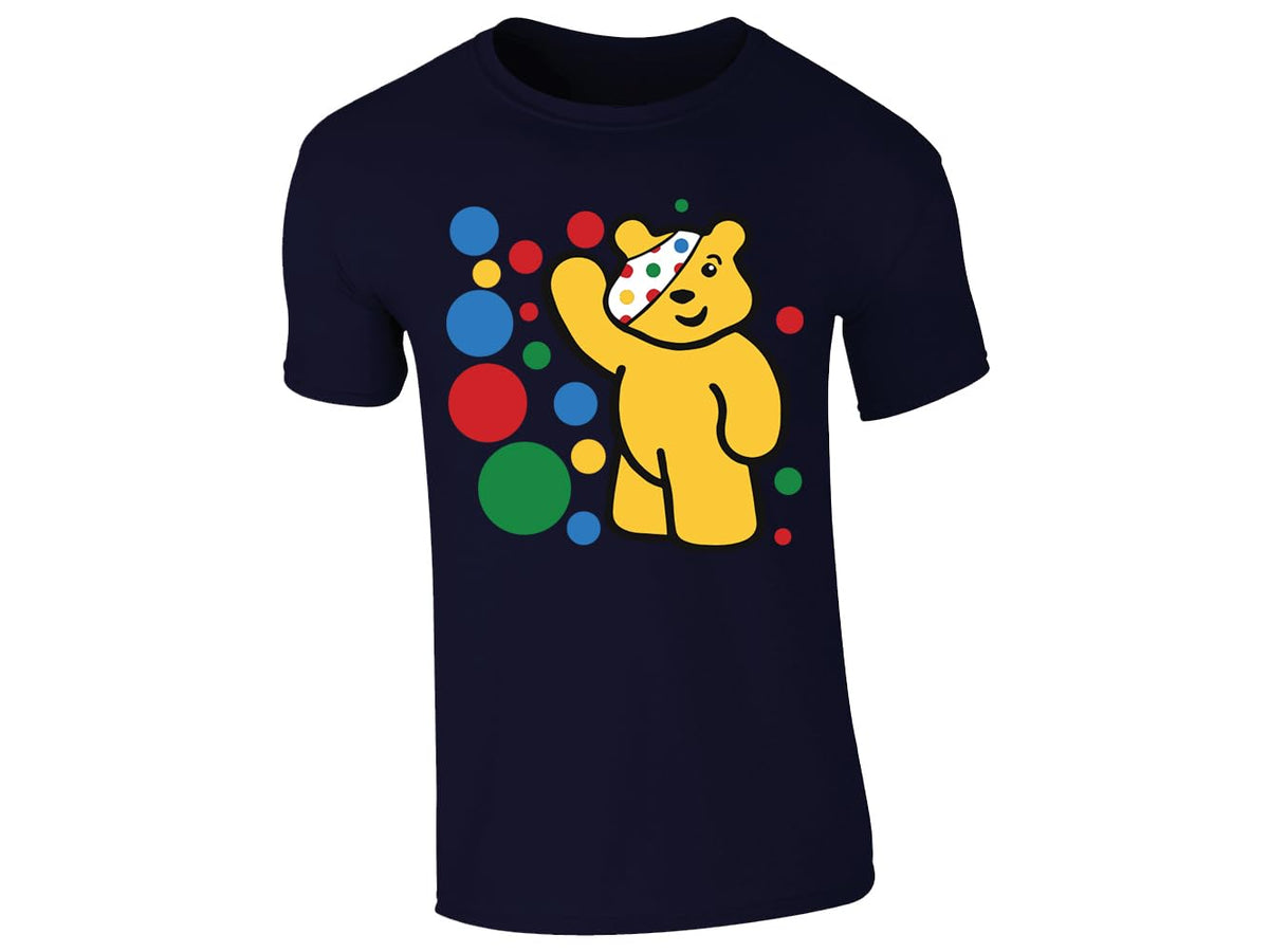Navy men's T-shirt with waving spotty bear with coloured dots design