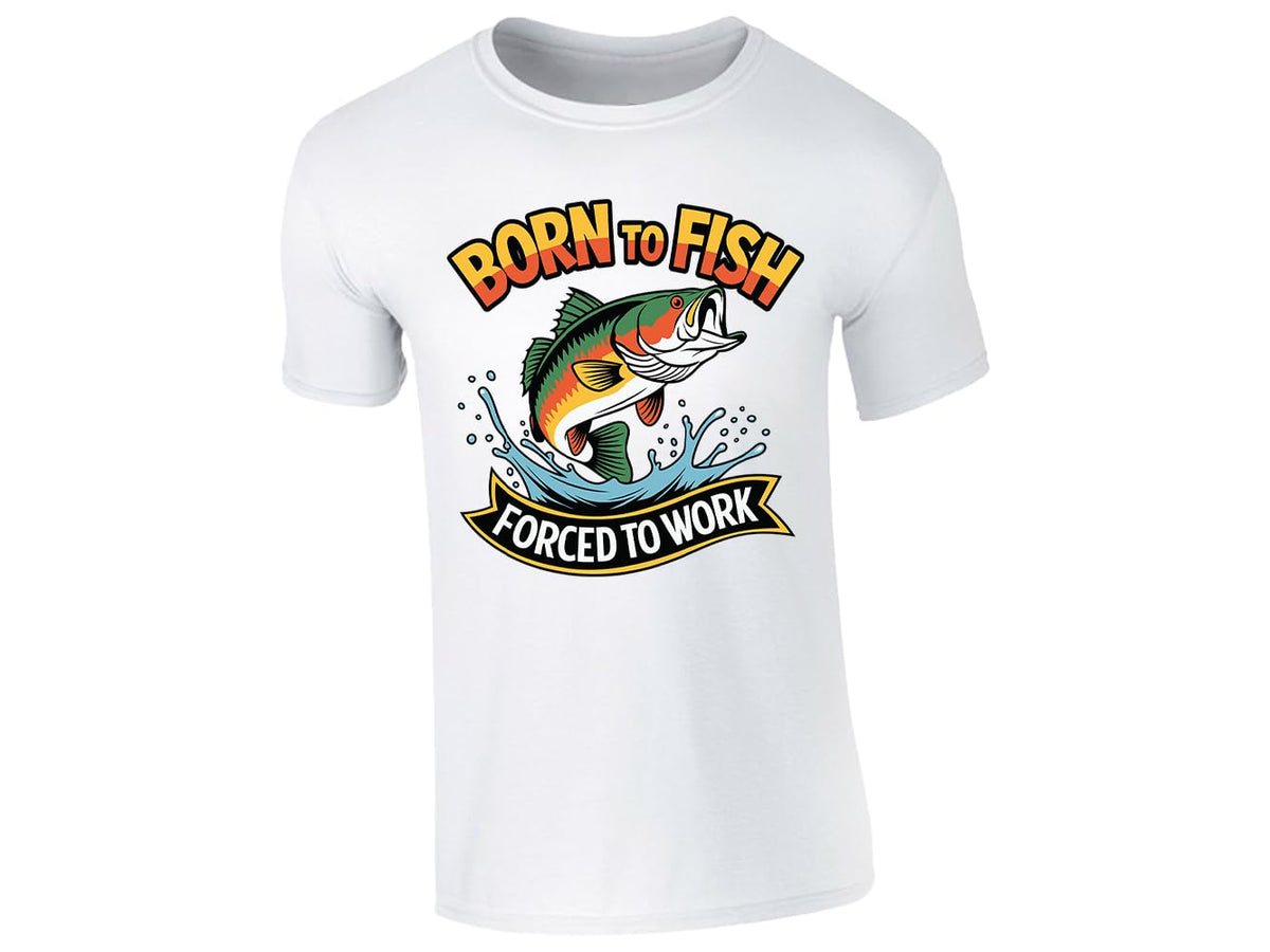 White men's T-shirt with “Born to fish, forced to work” leaping bass design