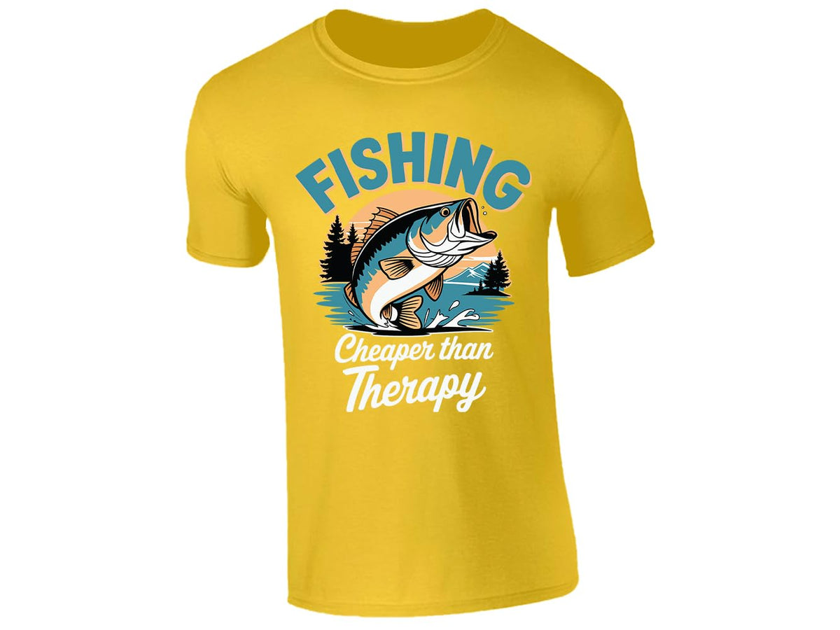 Yellow men's T-shirt with “Fishing – cheaper than therapy” bass design