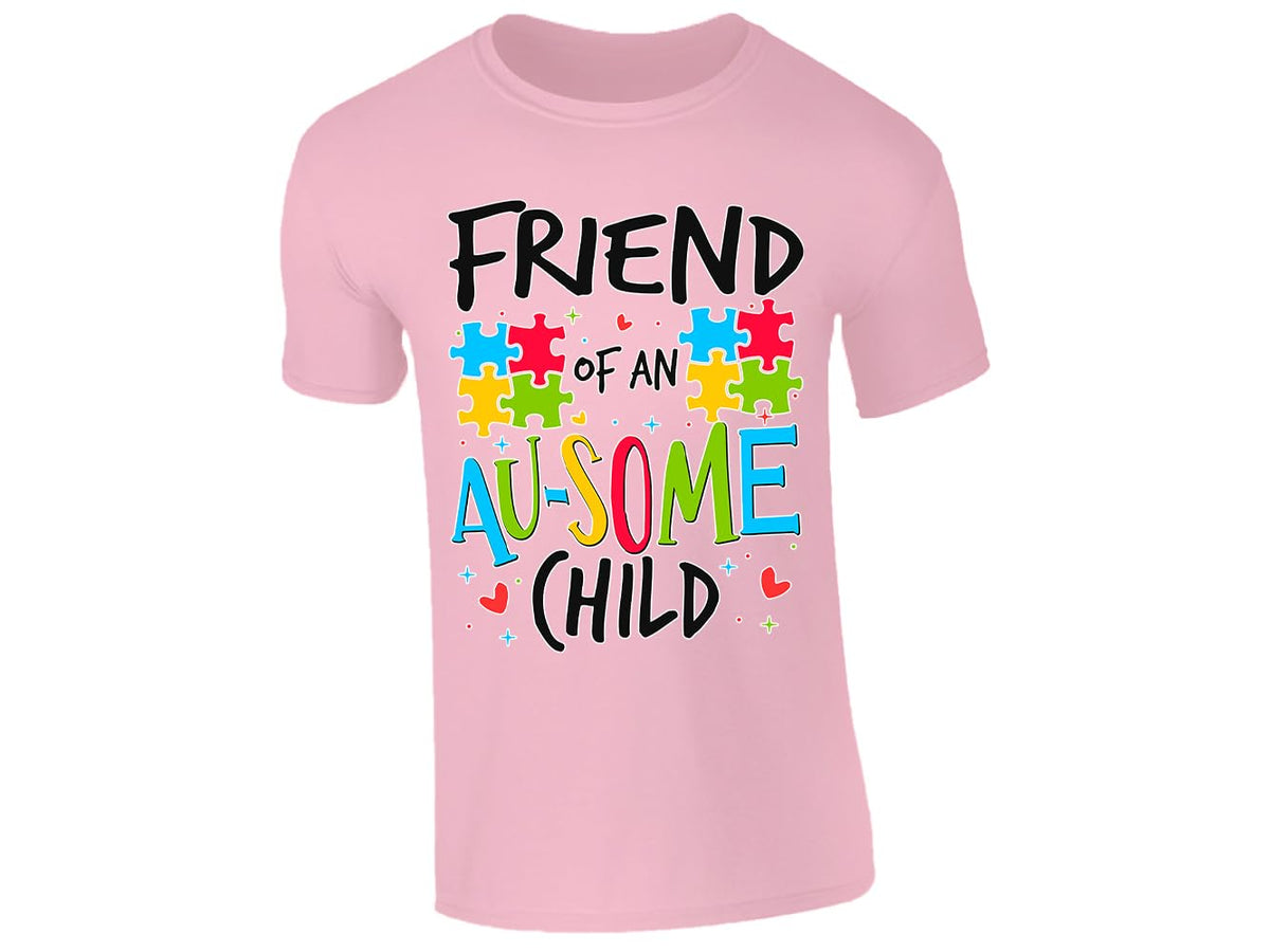 Light Pink kids' T-shirt with “Friend of an Au-some child” puzzle piece design