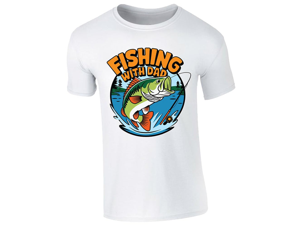 White men's T-shirt with “Fishing with Dad” bass and lake design