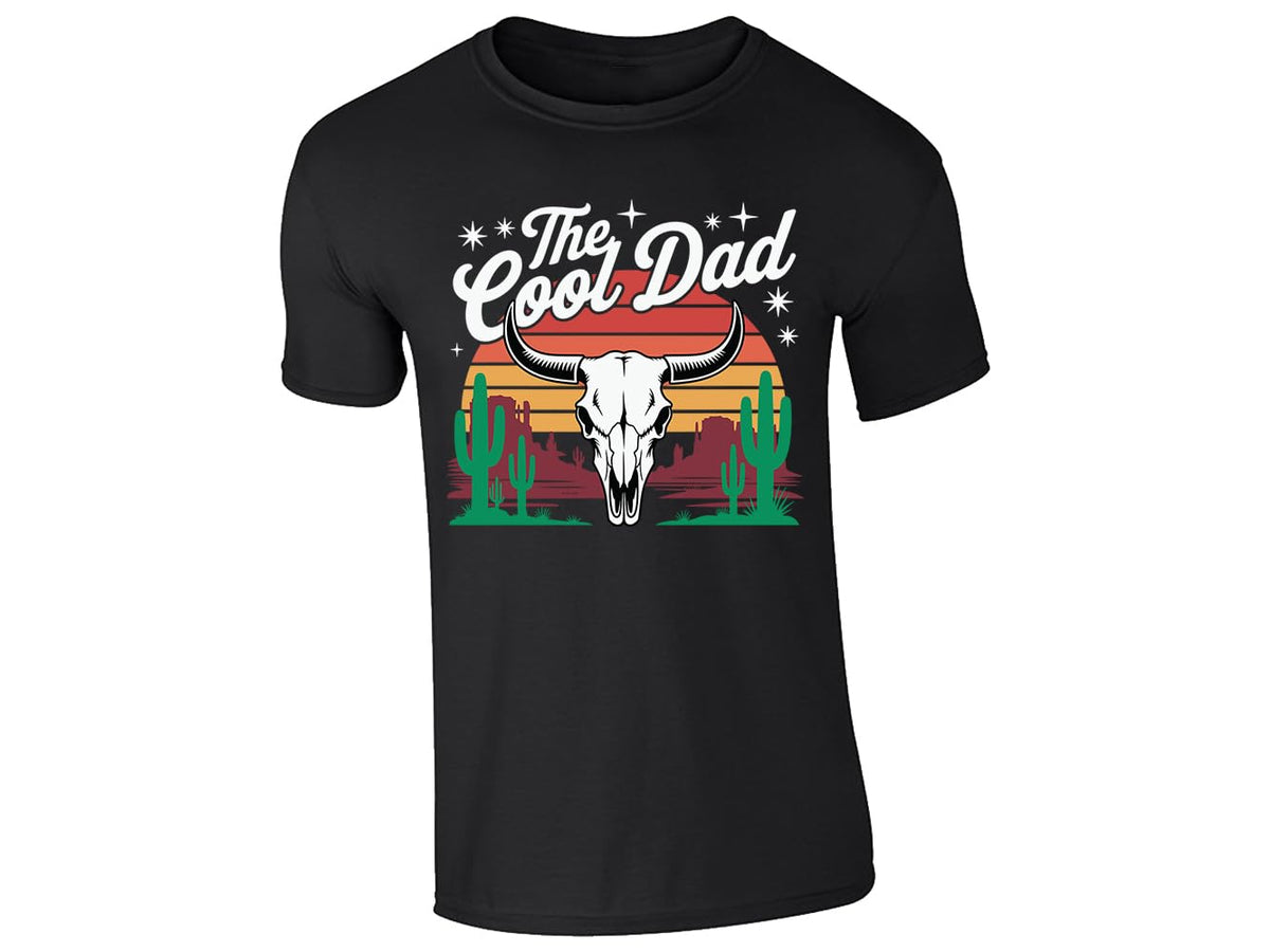 Black men's T-shirt with “The Cool Dad” bull skull desert design