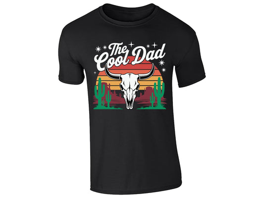Black men's T-shirt with “The Cool Dad” bull skull desert design