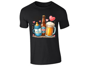 Black men's T-shirt with baby bottle, beer bottle and beer mug “Our first Father’s Day together” design