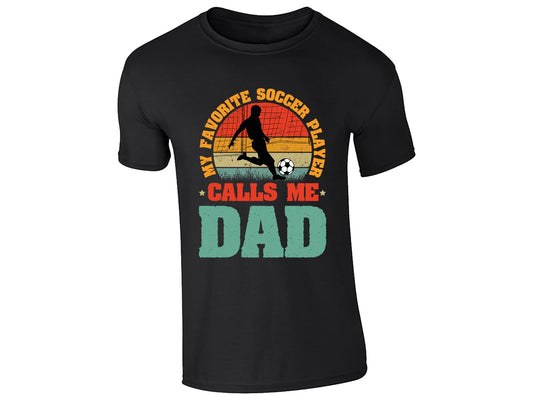 Black men's T-shirt with “My favorite soccer player calls me Dad” retro sunset design