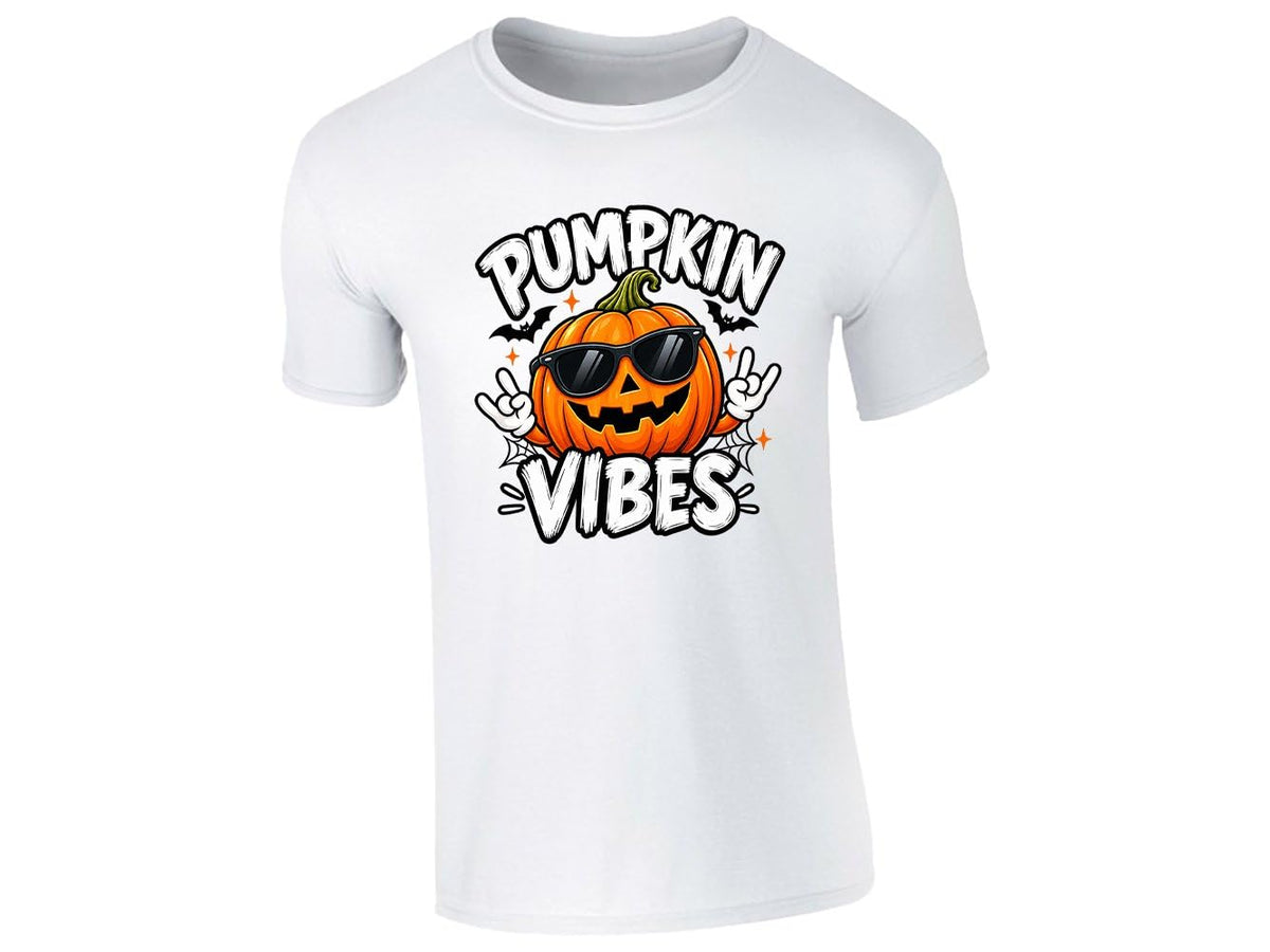 White men's T-shirt with a Pumpkin Vibes jack-o'-lantern in sunglasses