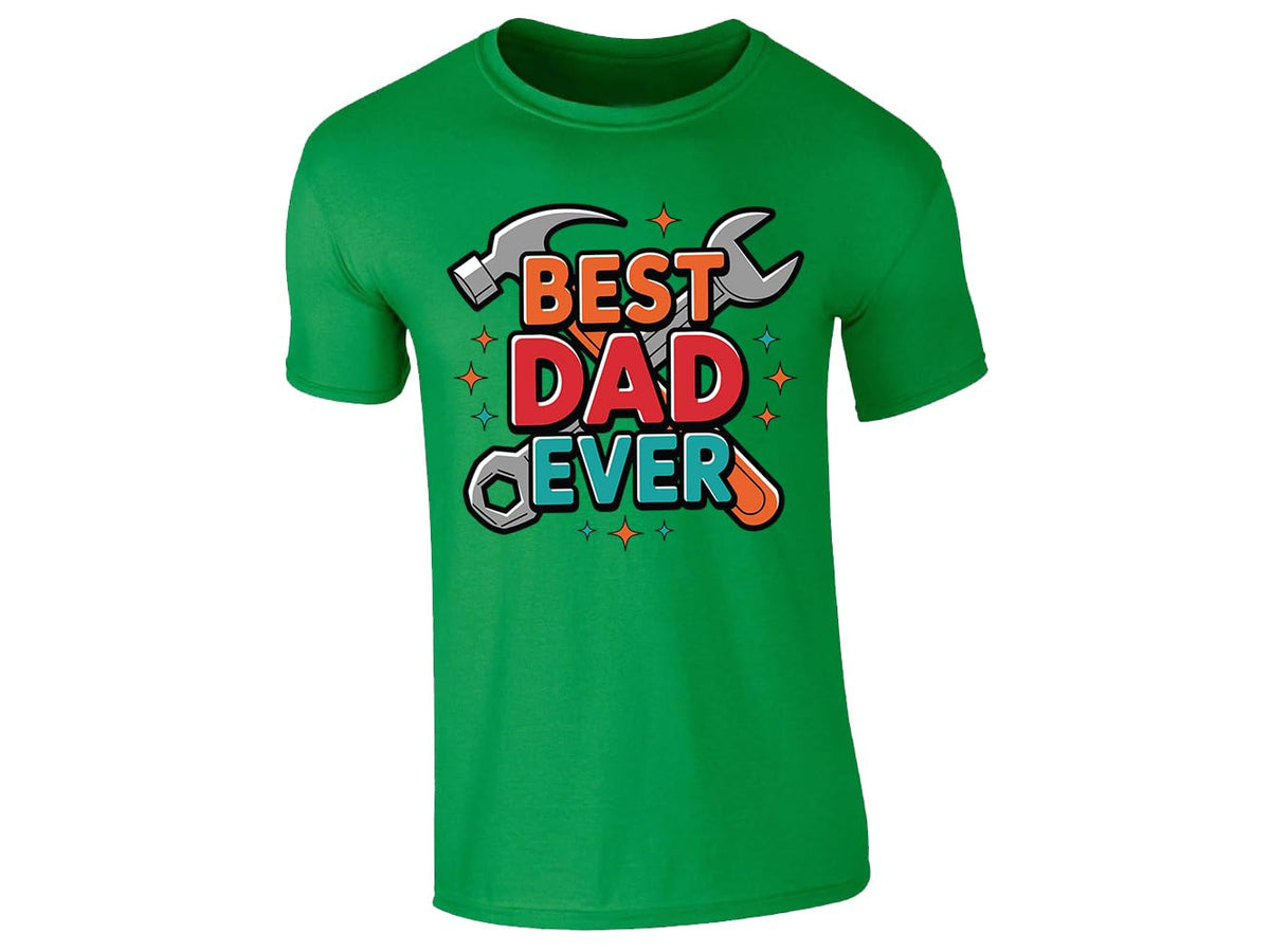 Irish Green men's T-shirt with “Best Dad Ever” hammer and spanner design